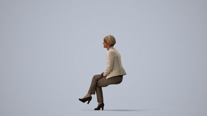 3D human model senior woman business sitting, photogrammetry scanned person for archviz, three-quarter view render