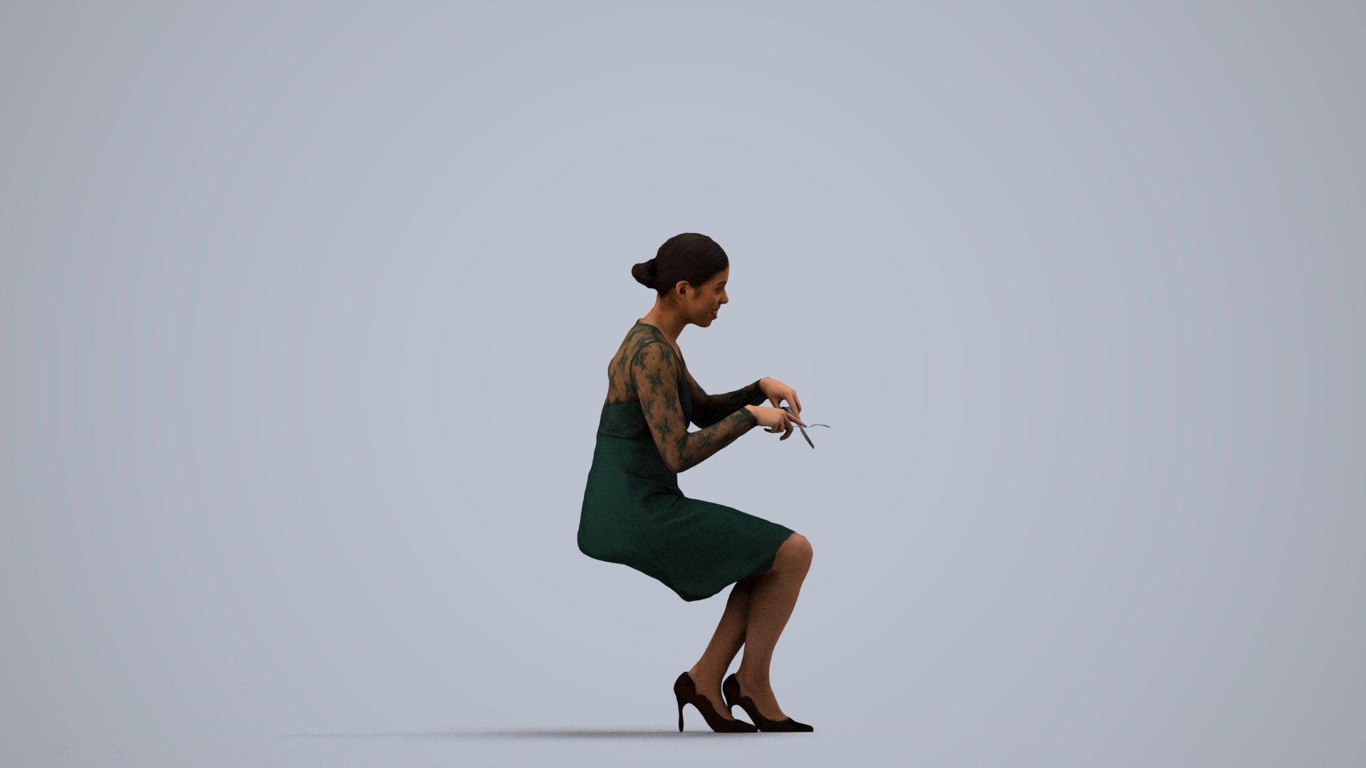scanned 3D woman casual sitting, photogrammetry people for Enscape and V-Ray, side view render