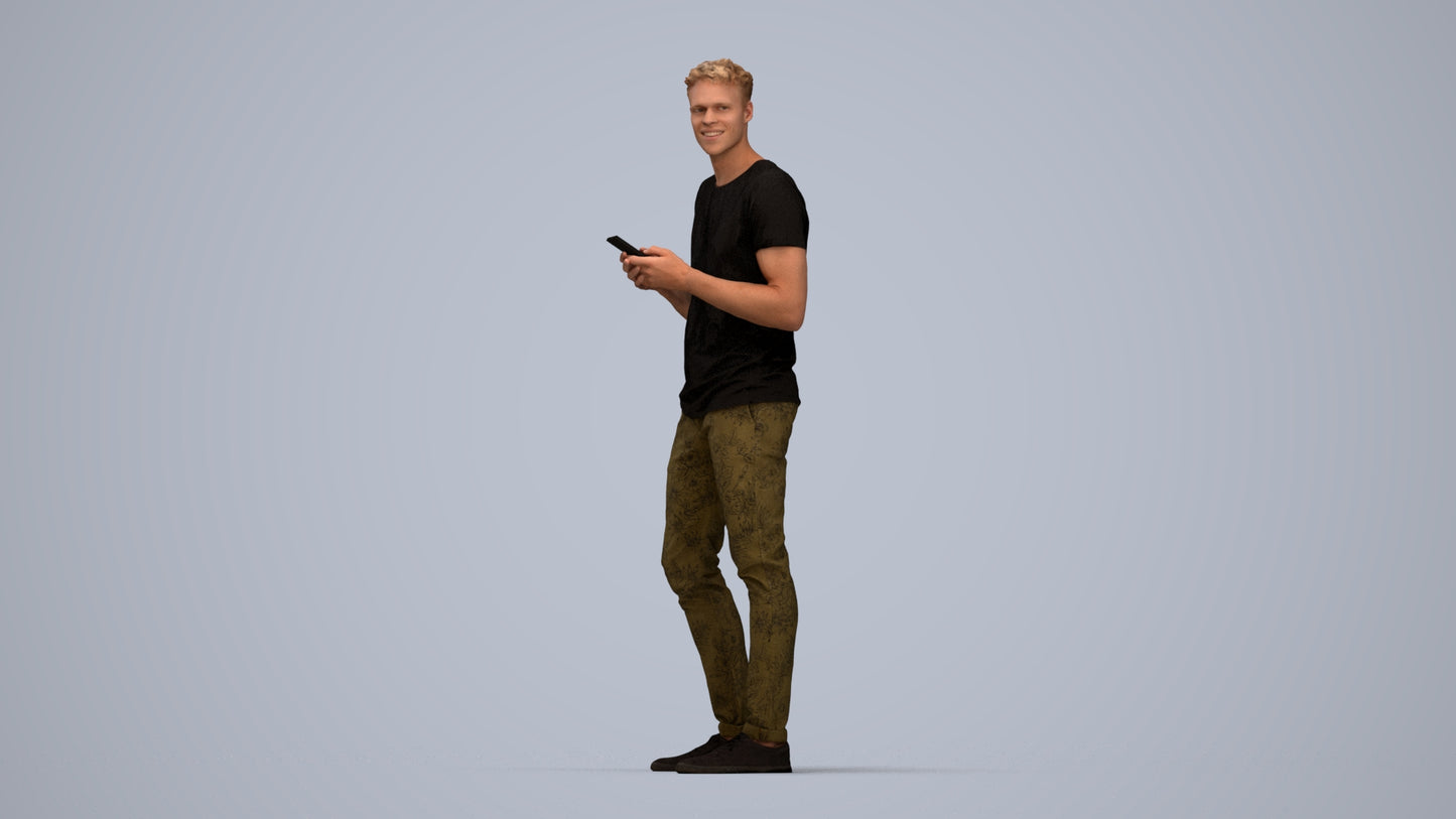 3D human model man casual standing, photogrammetry scanned person for archviz, top-down view render
