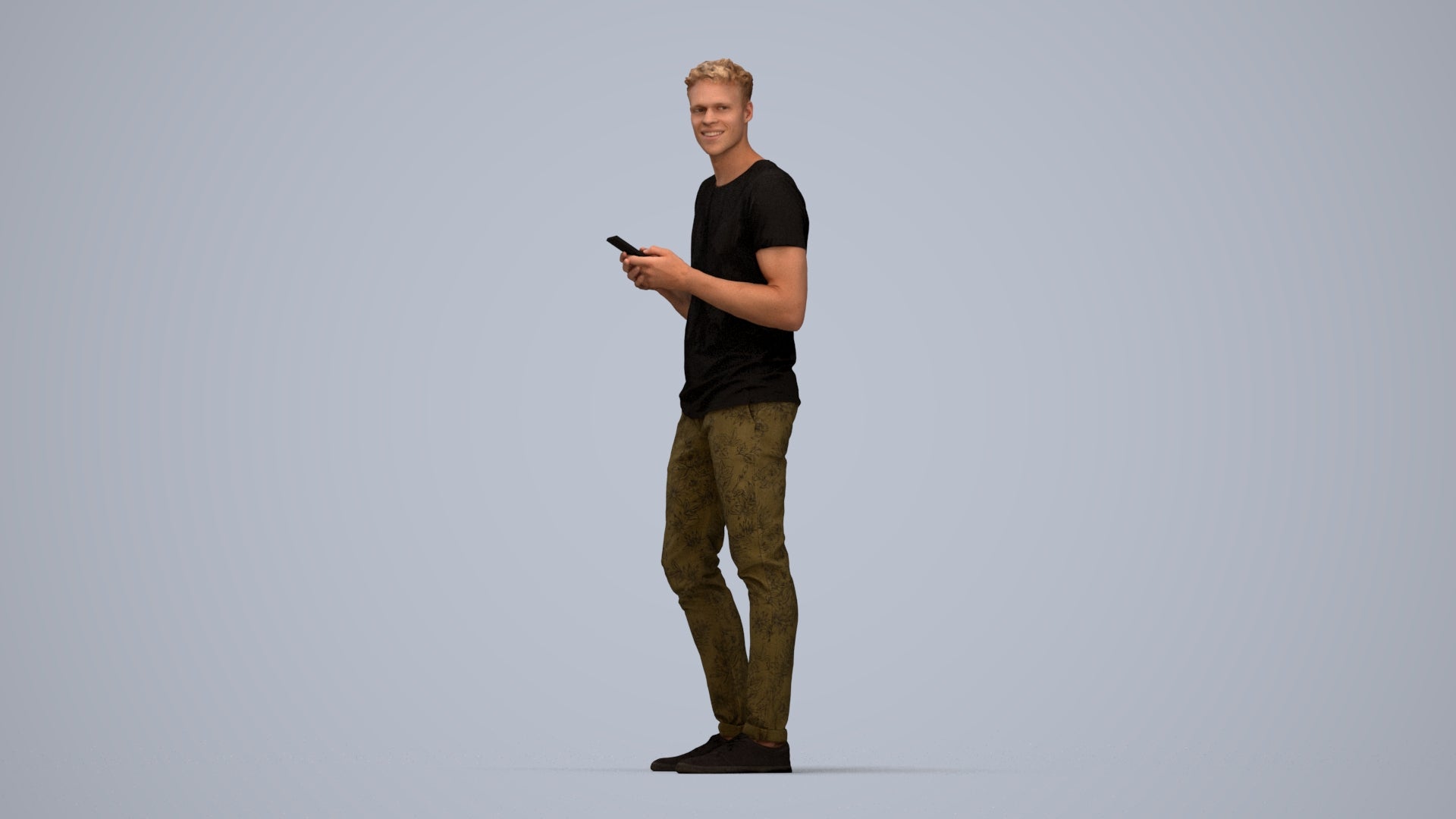 3D human model man casual standing, photogrammetry scanned person for archviz, top-down view render