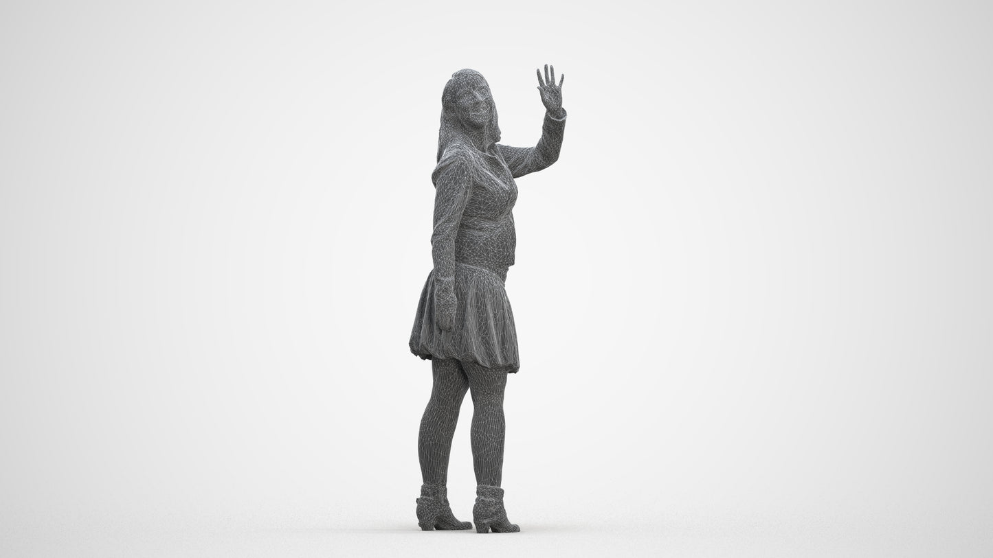 3D human model woman casual standing, photogrammetry scanned person for archviz, three-quarter front view render