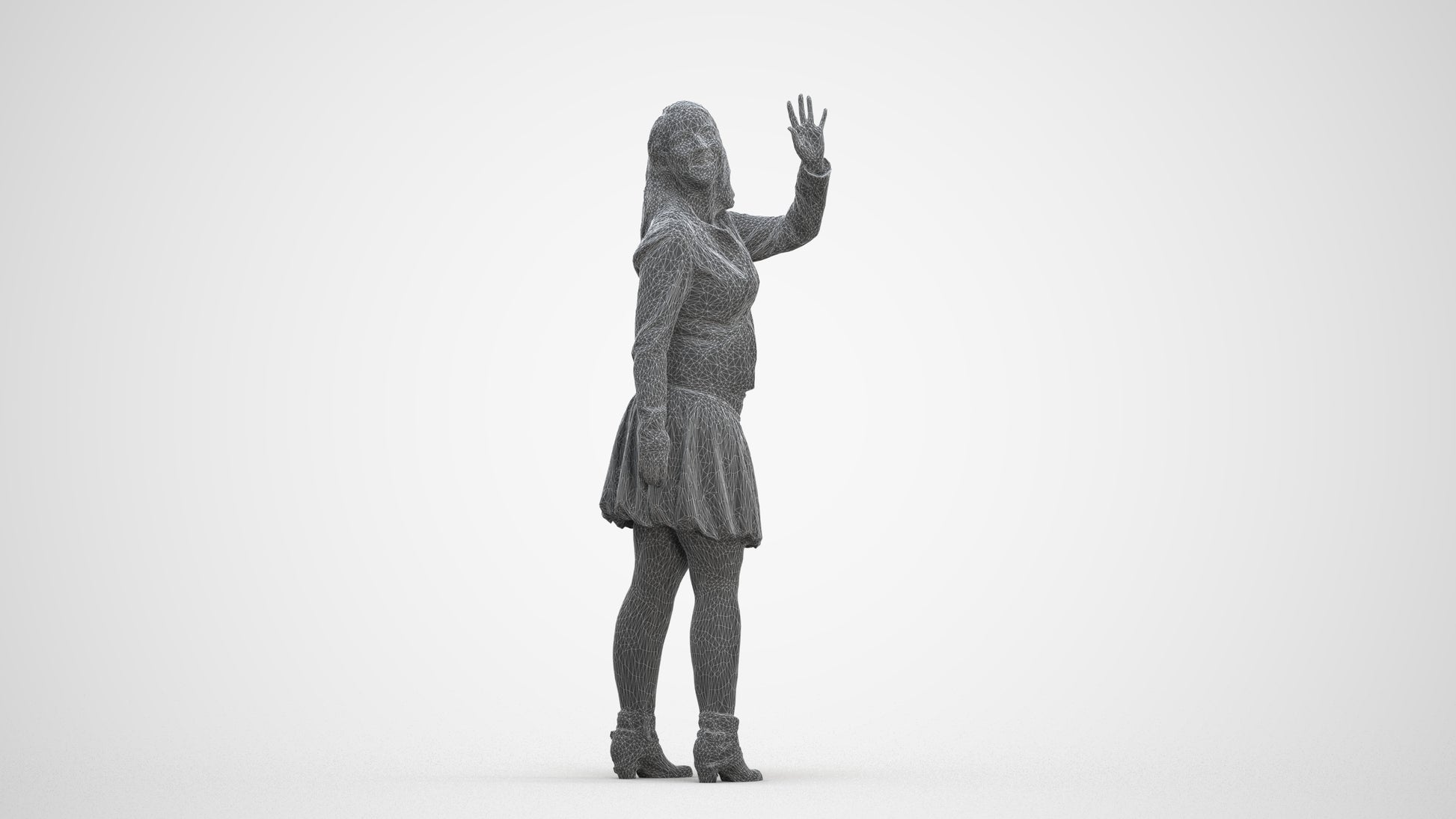 3D human model woman casual standing, photogrammetry scanned person for archviz, three-quarter front view render