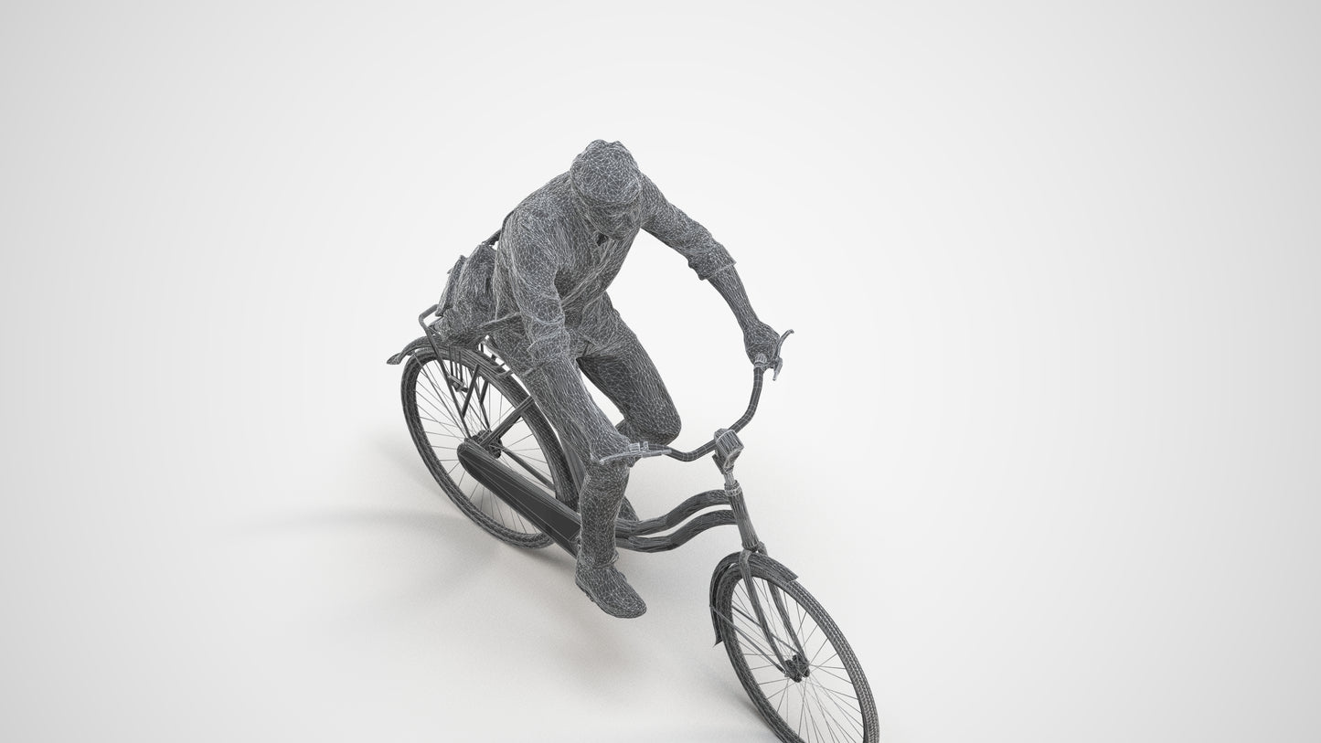3D people model man casual cycling, scanned human for 3ds Max rendering, wireframe three-quarter view