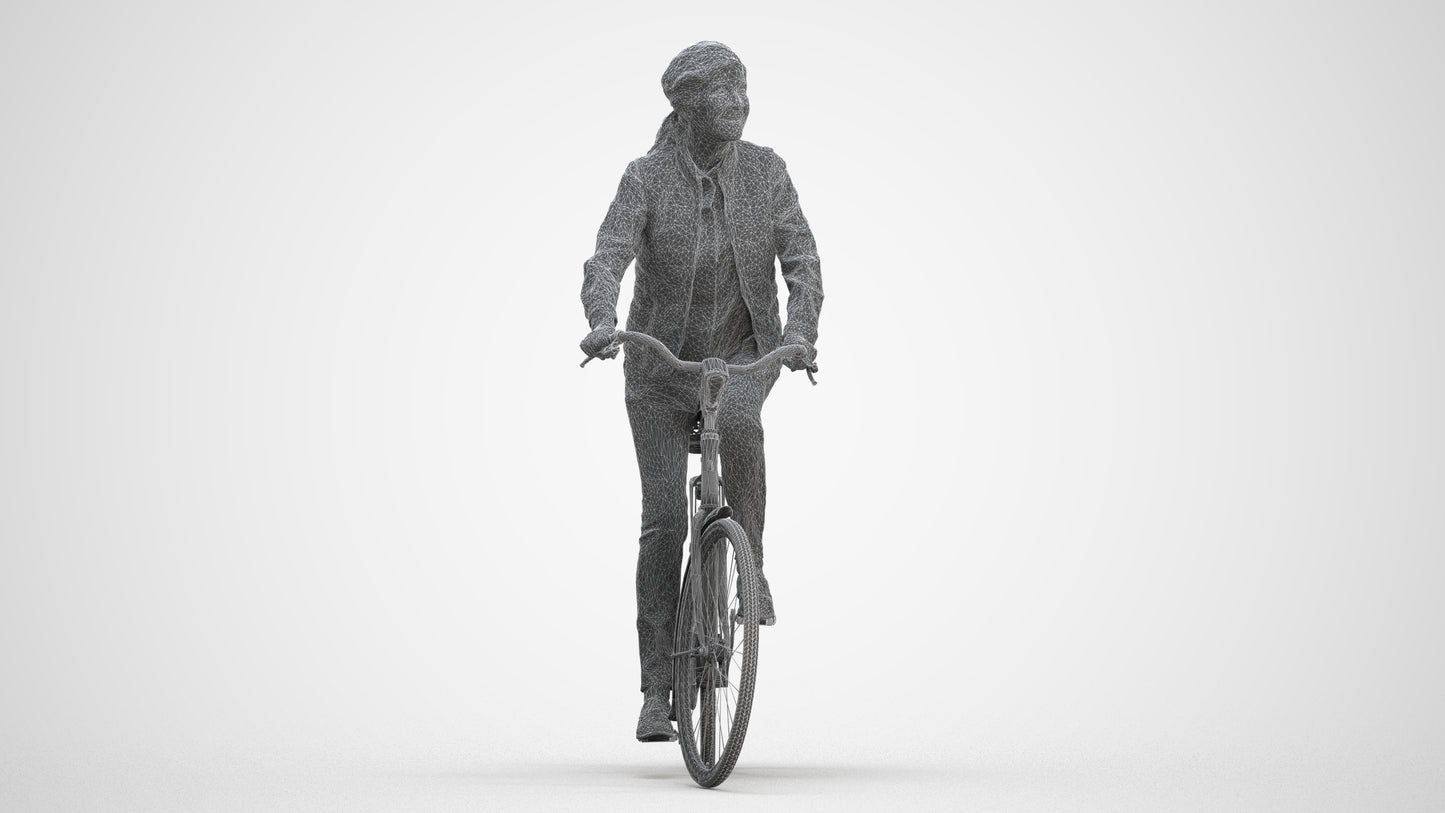 3D human model senior woman casual cycling, photogrammetry scanned person for archviz, three-quarter front view render