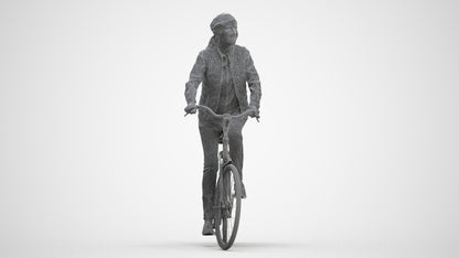 3D human model senior woman casual cycling, photogrammetry scanned person for archviz, three-quarter front view render