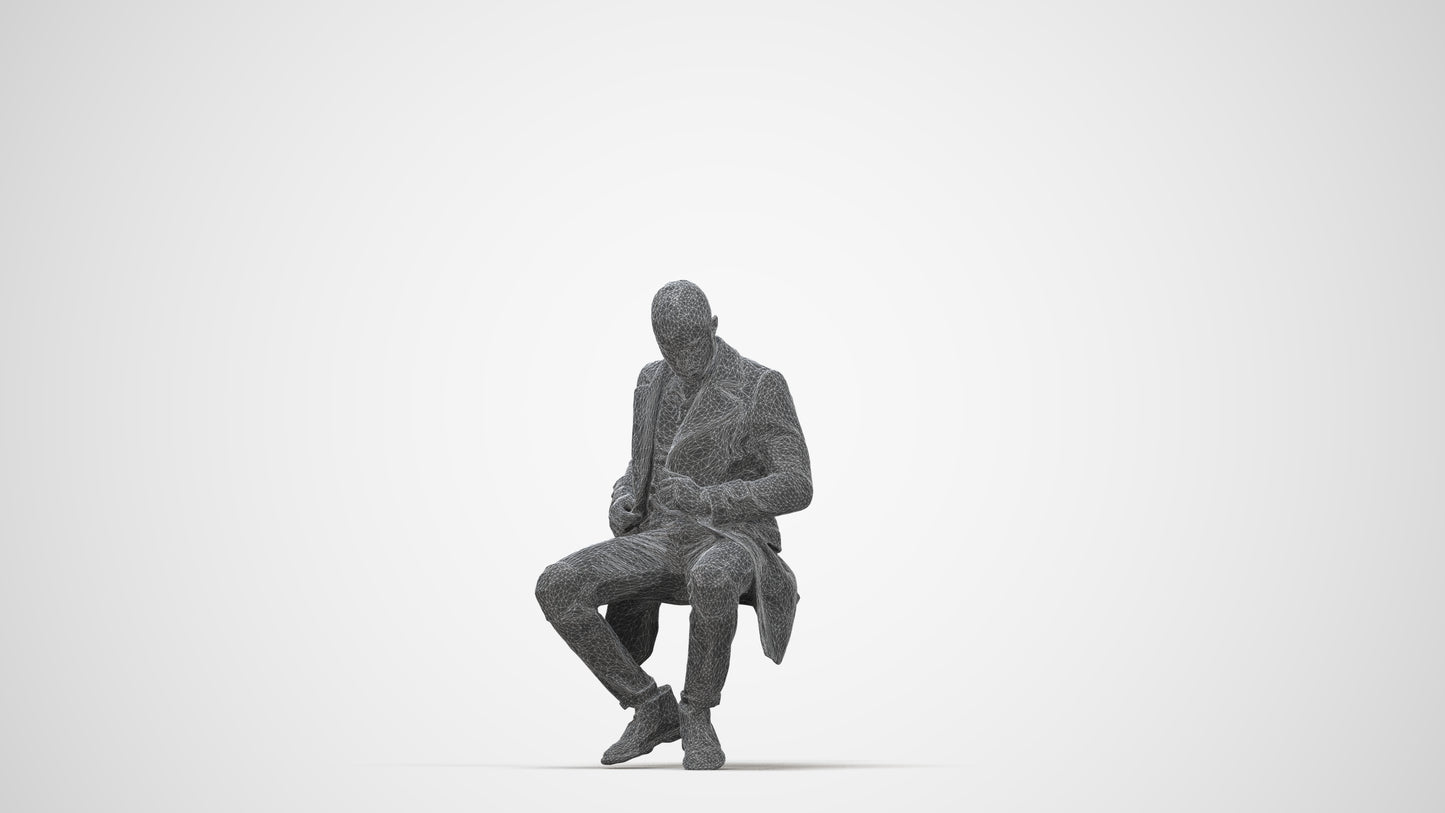 realistic 3D people man casual sitting, render-ready for V-Ray and Corona, FBX OBJ, wireframe back view