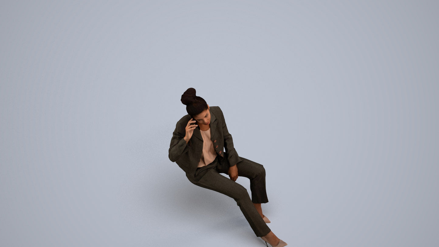 3D human model woman business sitting, photogrammetry scanned person for archviz, back view render