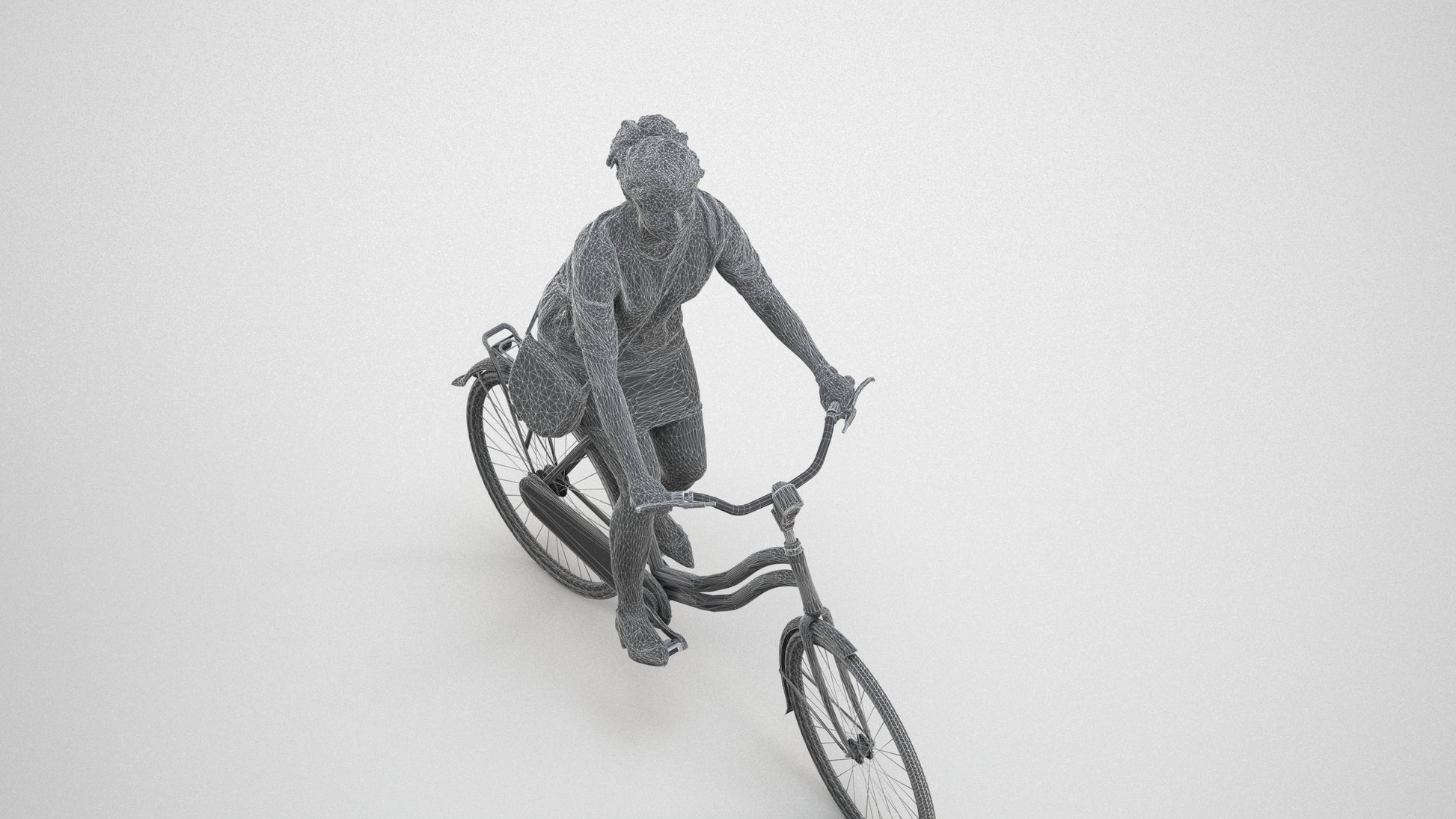 realistic 3D woman casual cycling, scanned archviz people for Blender and 3ds Max, wireframe three-quarter view