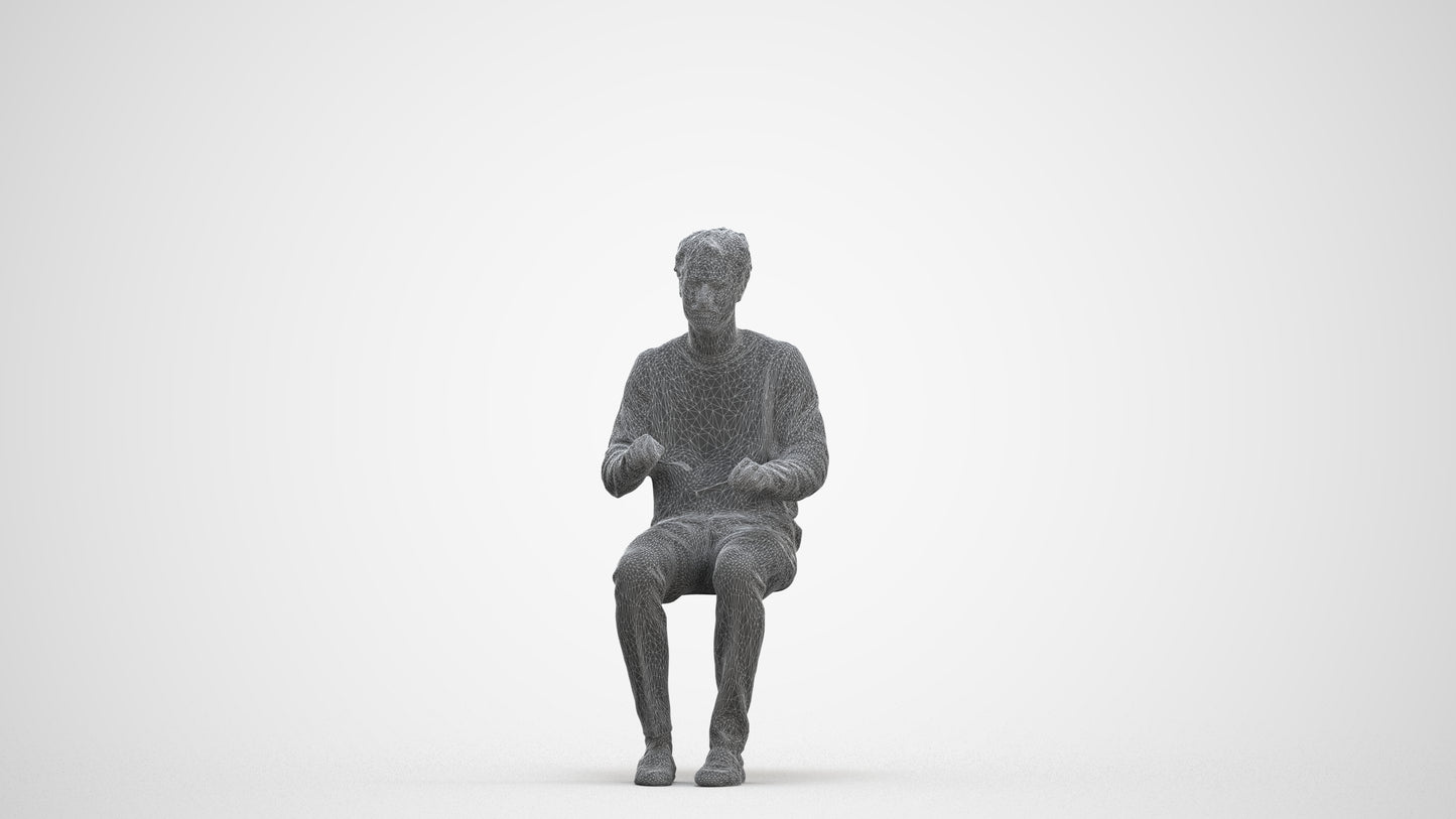 realistic 3D man casual sitting, scanned archviz people for Blender and 3ds Max, three-quarter front view render