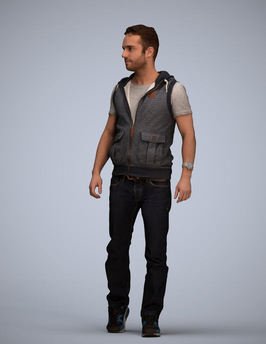 3D human model man casual walking, photogrammetry scanned person for archviz