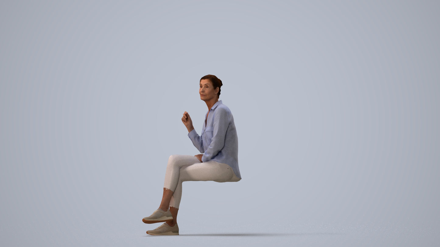 realistic 3D human senior woman casual sitting, archviz people FBX OBJ for Blender, three-quarter view render