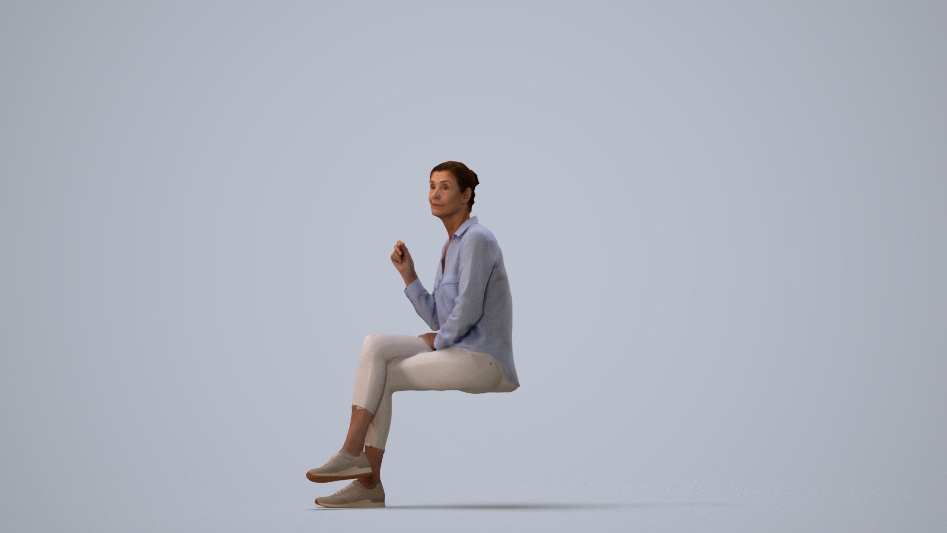 realistic 3D human senior woman casual sitting, archviz people FBX OBJ for Blender, three-quarter view render