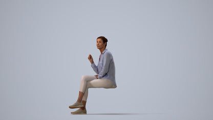 realistic 3D human senior woman casual sitting, archviz people FBX OBJ for Blender, three-quarter view render