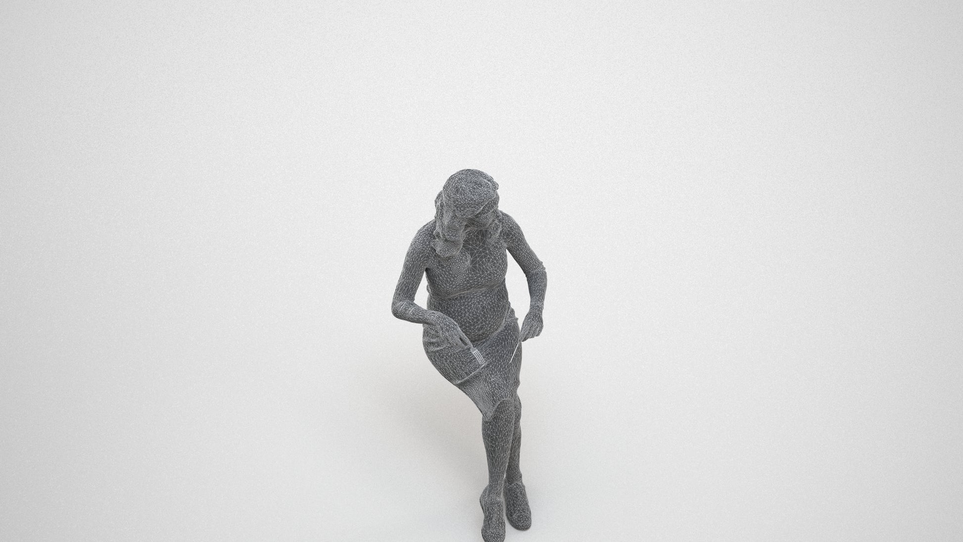 3D people model woman casual sitting, scanned human for 3ds Max rendering, wireframe three-quarter view