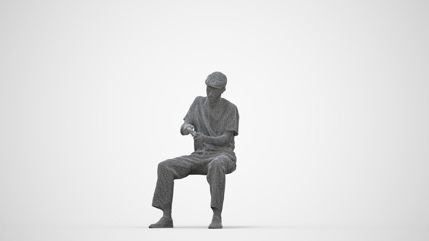 scanned 3D man casual sitting, photogrammetry people for Enscape and V-Ray, wireframe back view