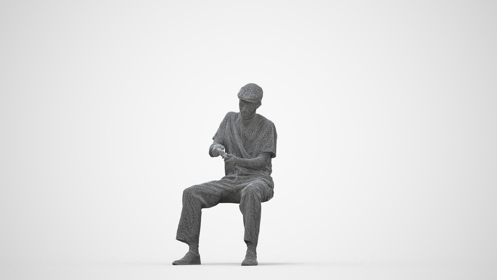 scanned 3D man casual sitting, photogrammetry people for Enscape and V-Ray, wireframe back view