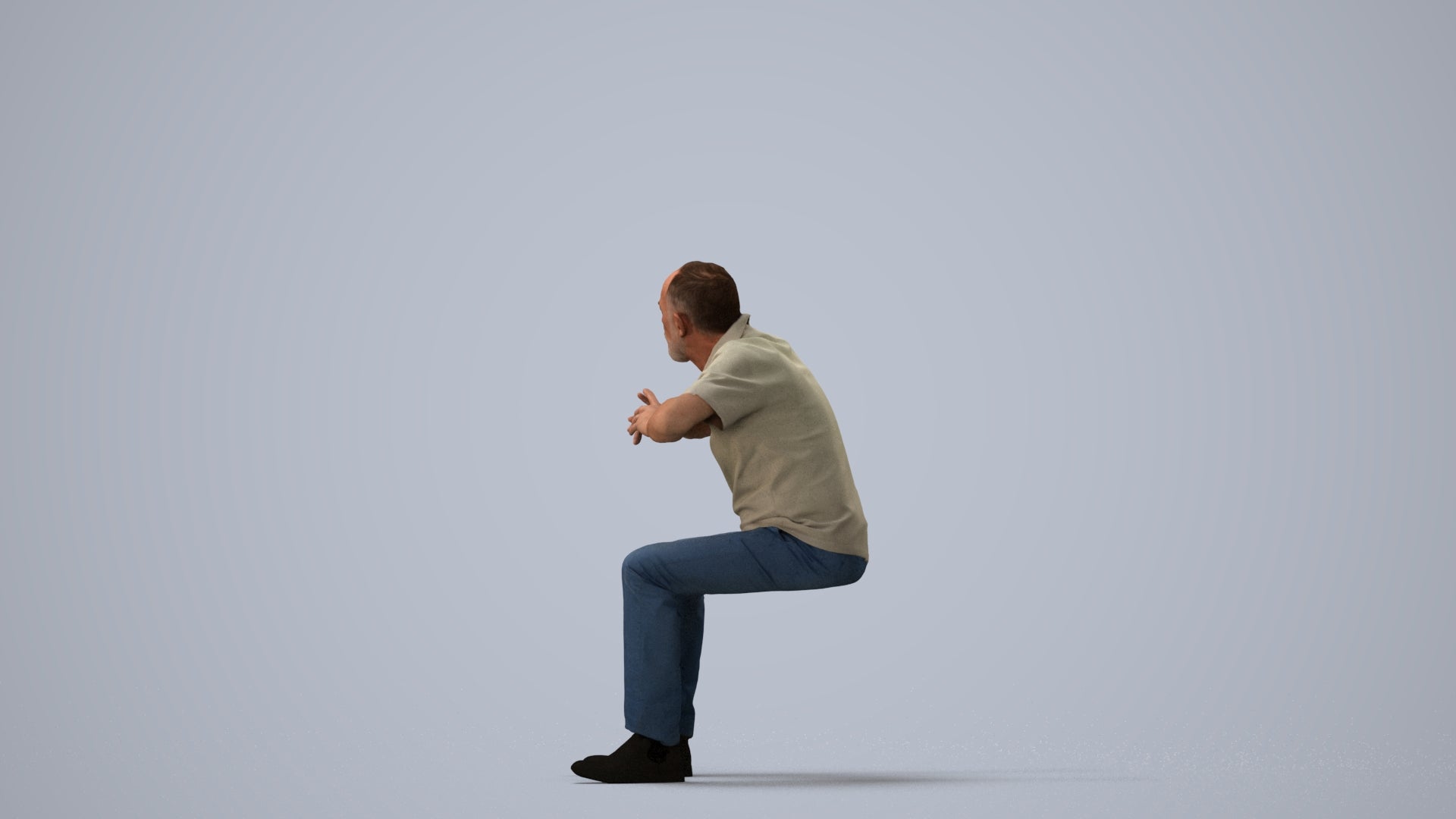 3D people model senior man casual sitting, scanned human for 3ds Max rendering, three-quarter view render