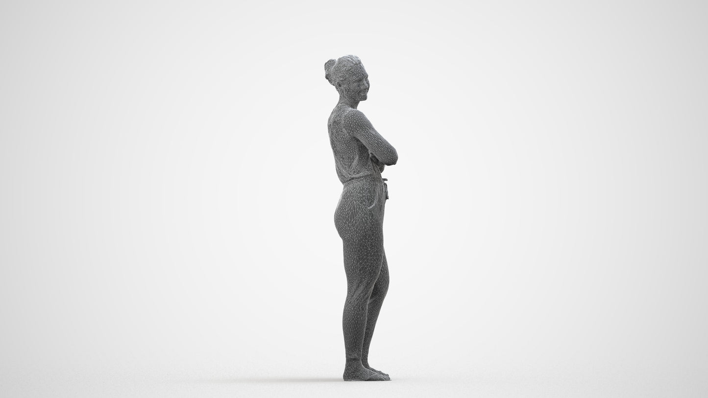 realistic 3D people woman casual standing, render-ready for V-Ray and Corona, FBX OBJ, wireframe side view