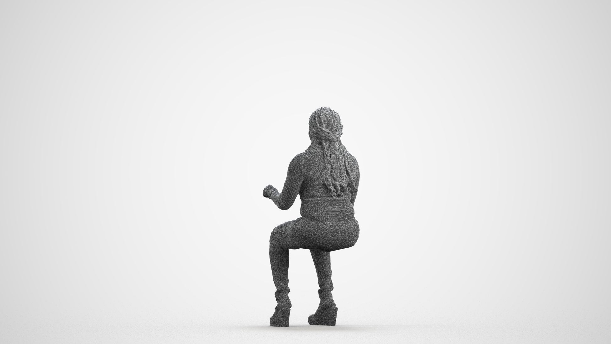 3D people model woman casual sitting, scanned human for 3ds Max rendering, wireframe front view