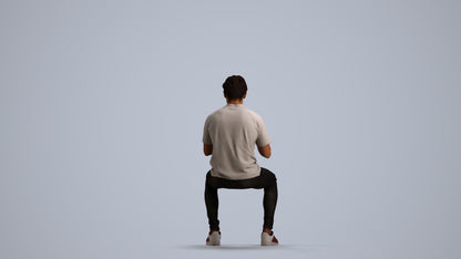 3D human model man casual sitting, photogrammetry scanned person for archviz, front view render