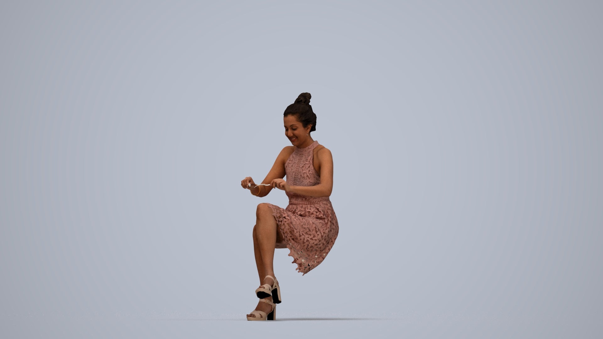 realistic 3D woman formal sitting, scanned archviz people for Blender and 3ds Max, top-down view render