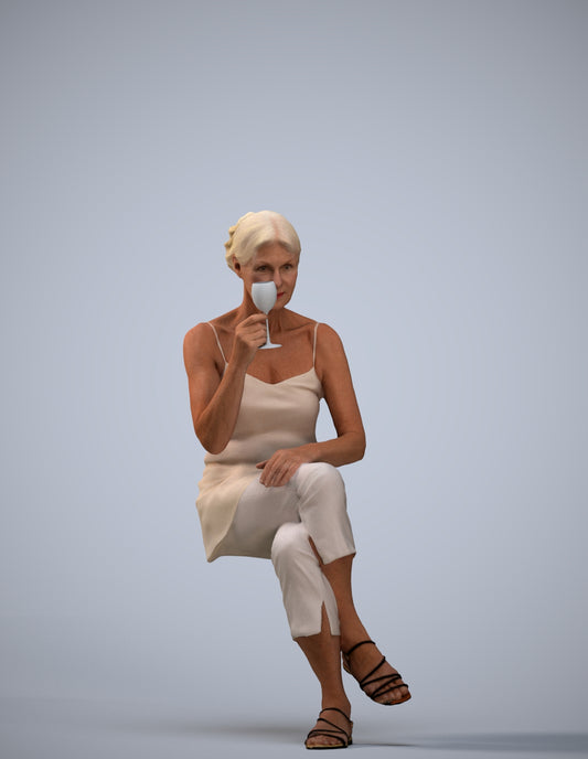 scanned 3D senior woman casual sitting, photogrammetry people for Enscape and V-Ray