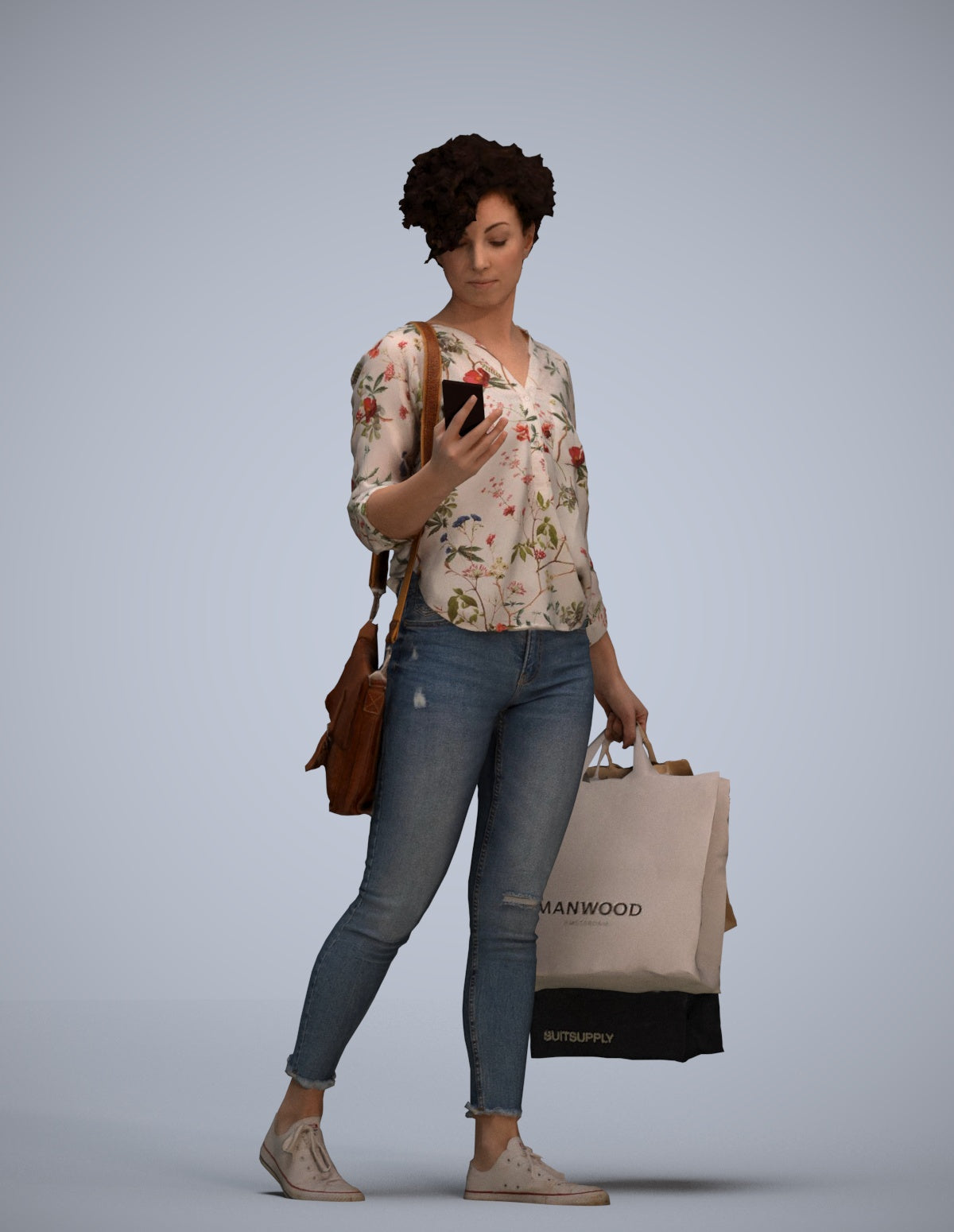 3D human model woman casual standing, photogrammetry scanned person for archviz