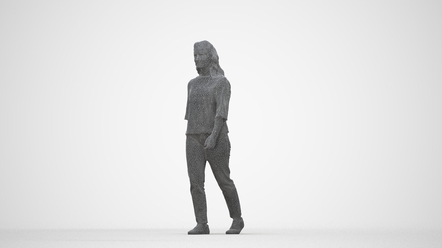 3D scanned woman walking casual, photorealistic archviz people for Enscape and SketchUp, wireframe back view