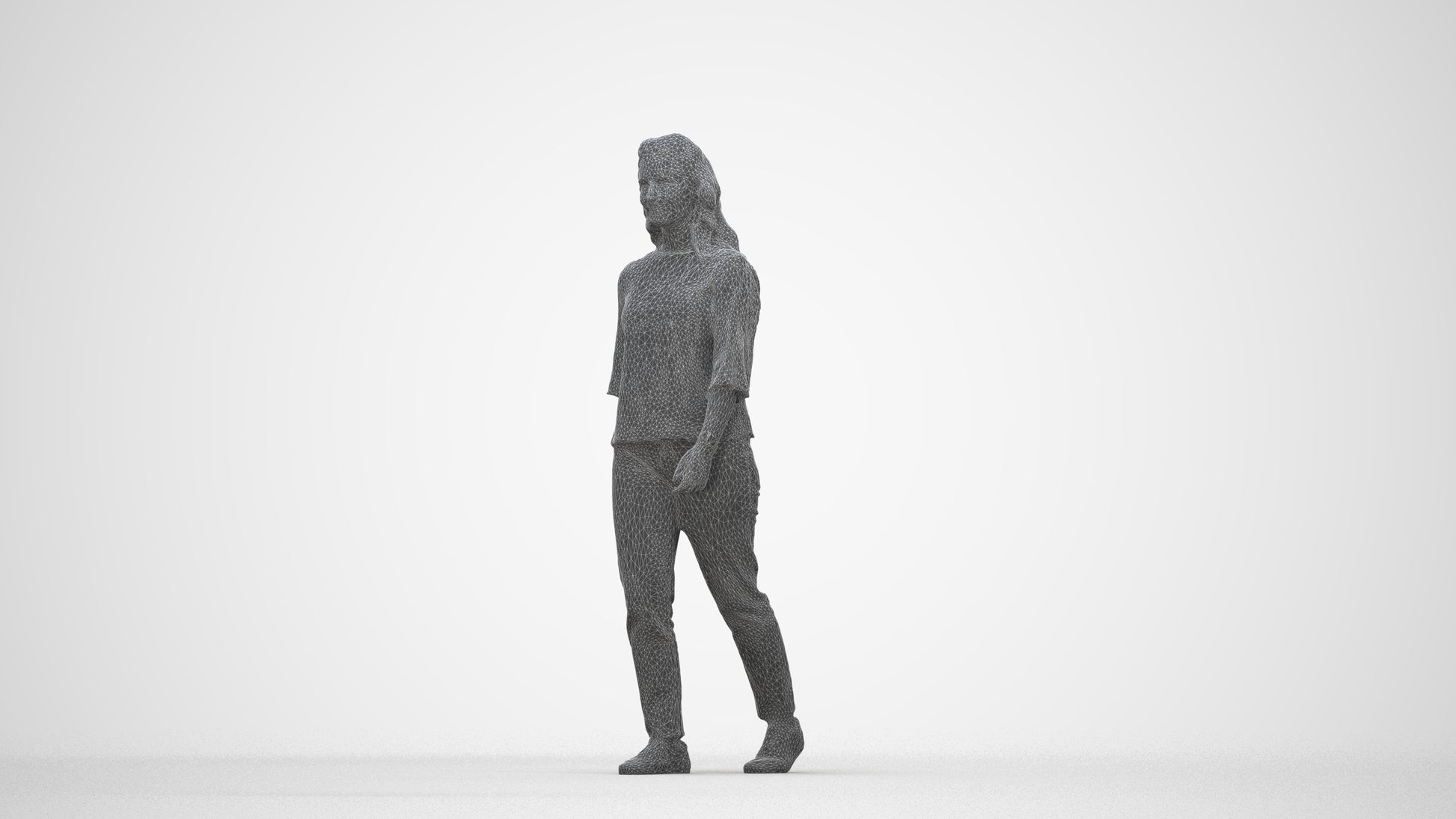 3D scanned woman walking casual, photorealistic archviz people for Enscape and SketchUp, wireframe back view