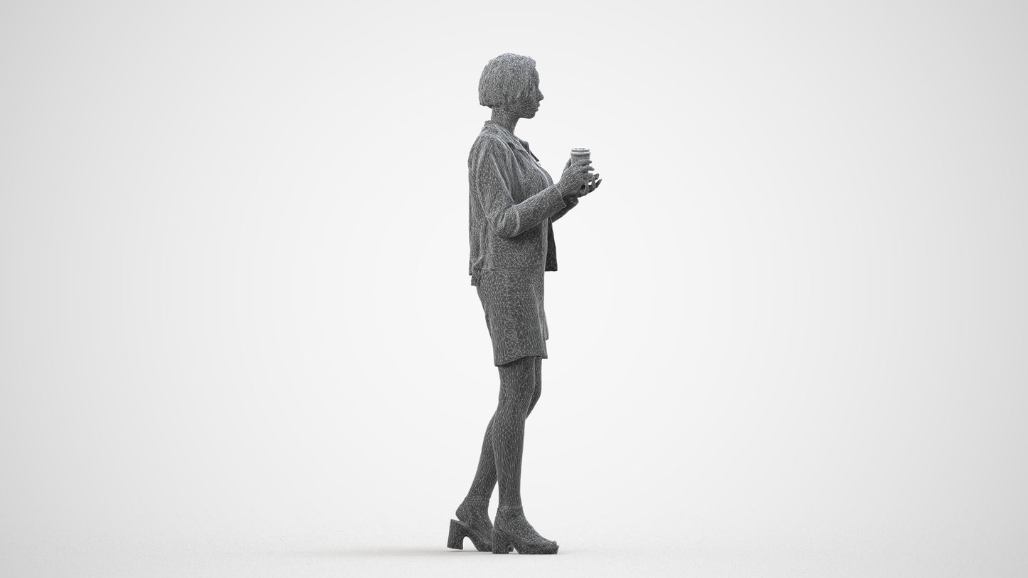 realistic 3D human woman casual standing, archviz people FBX OBJ for Blender, wireframe side view