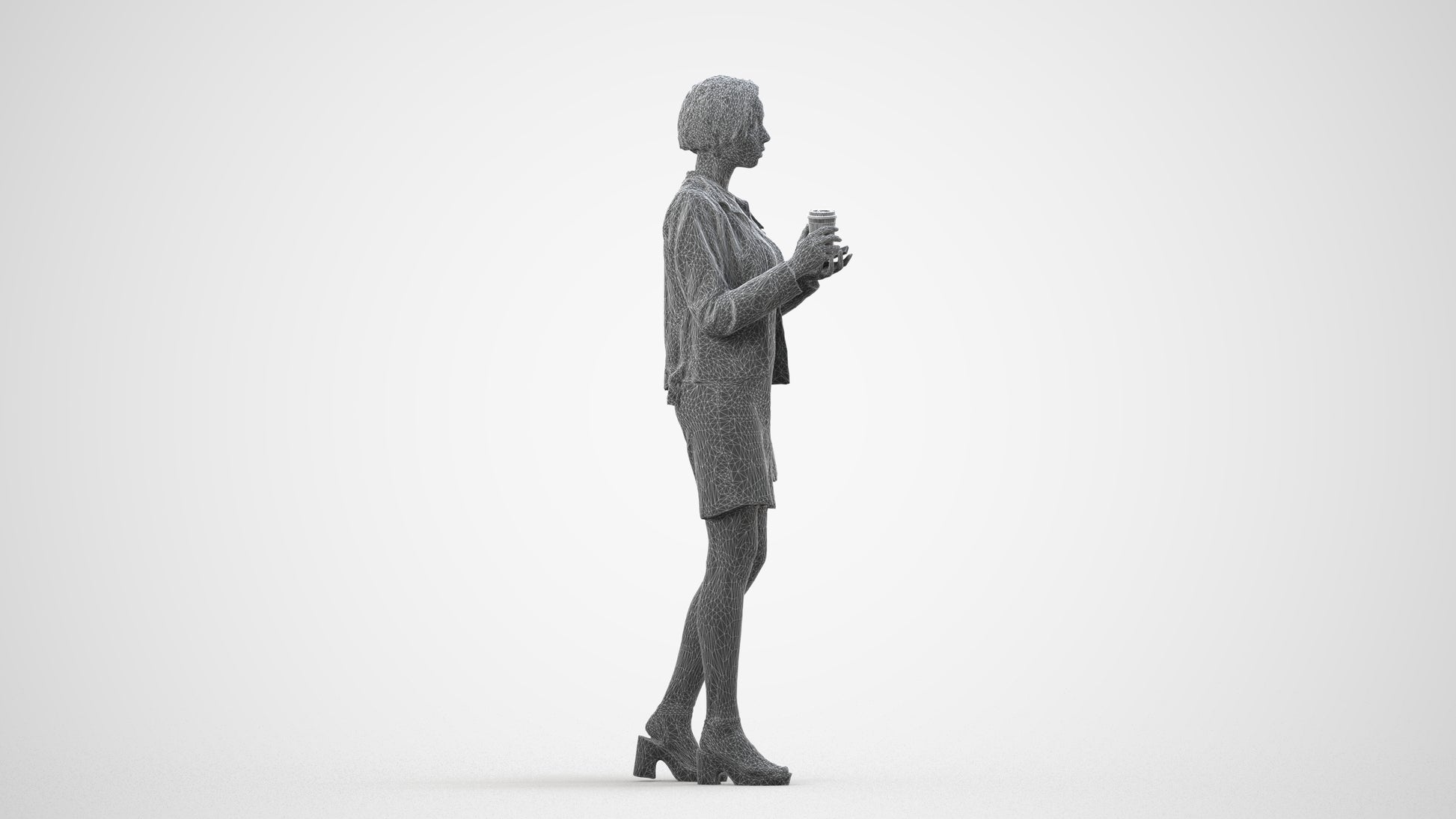 realistic 3D human woman casual standing, archviz people FBX OBJ for Blender, wireframe side view