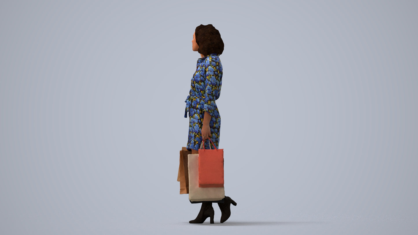 3D human model woman casual shopping, photogrammetry scanned person for archviz, three-quarter view render