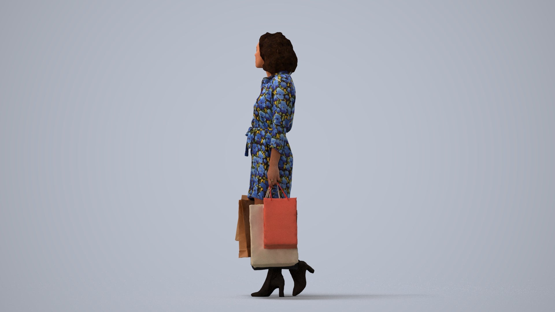 3D human model woman casual shopping, photogrammetry scanned person for archviz, three-quarter view render