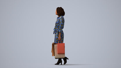3D human model woman casual shopping, photogrammetry scanned person for archviz, three-quarter view render