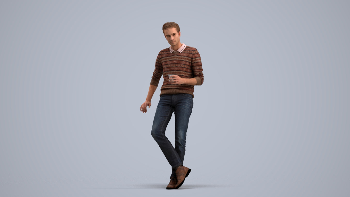 realistic 3D human man casual sitting, archviz people FBX OBJ for Blender, standing pose render