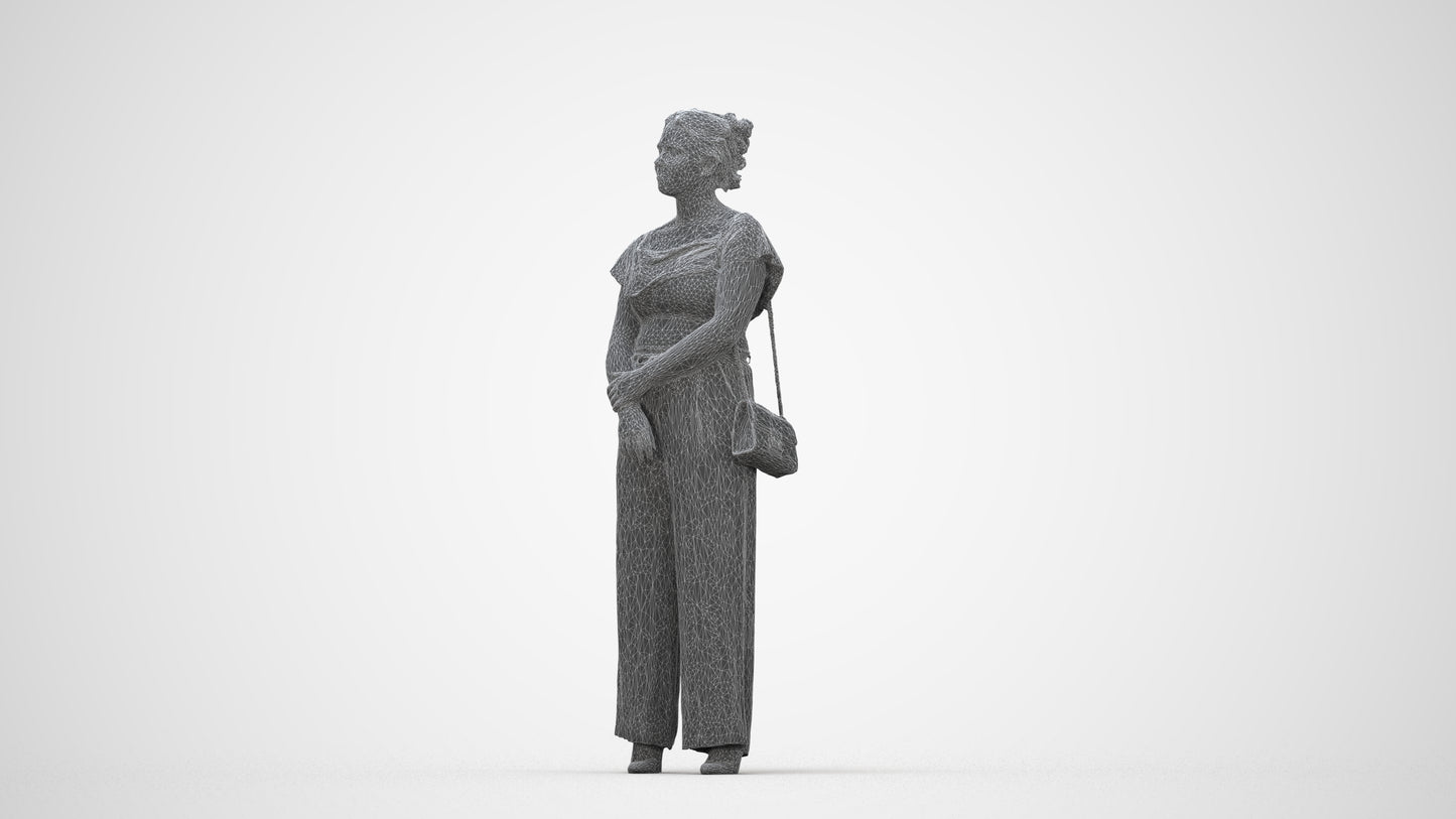 3D people model woman casual standing, scanned human for 3ds Max rendering, wireframe back view