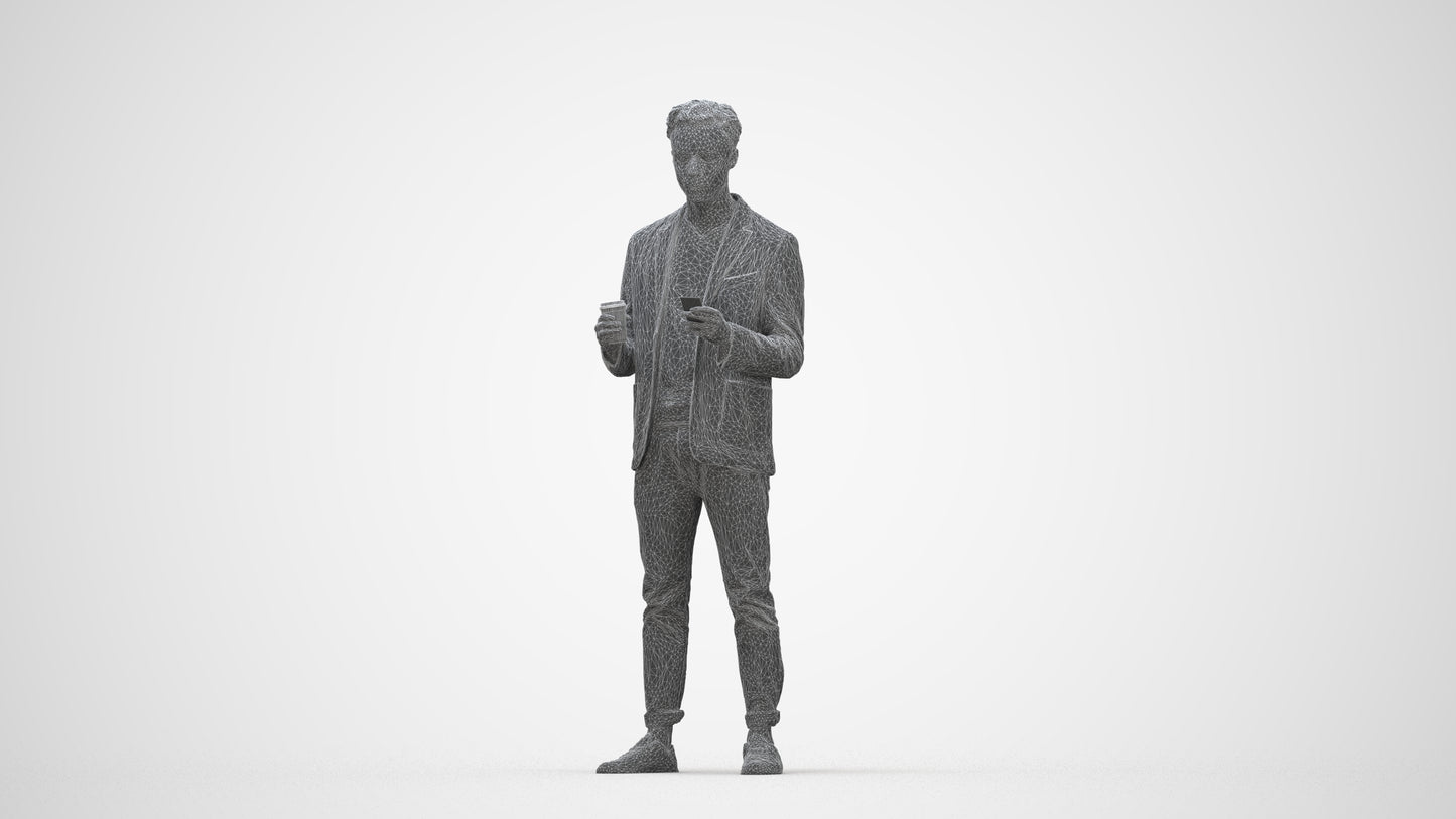 3D human model man business standing, photogrammetry scanned person for archviz, wireframe back view