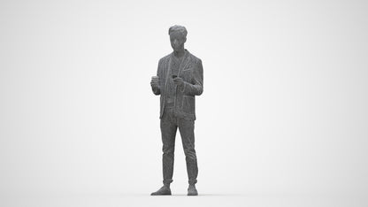 3D human model man business standing, photogrammetry scanned person for archviz, wireframe back view