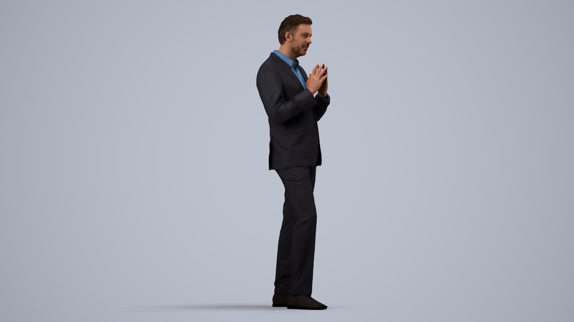 realistic 3D human man business, archviz people FBX OBJ for Blender, side view render