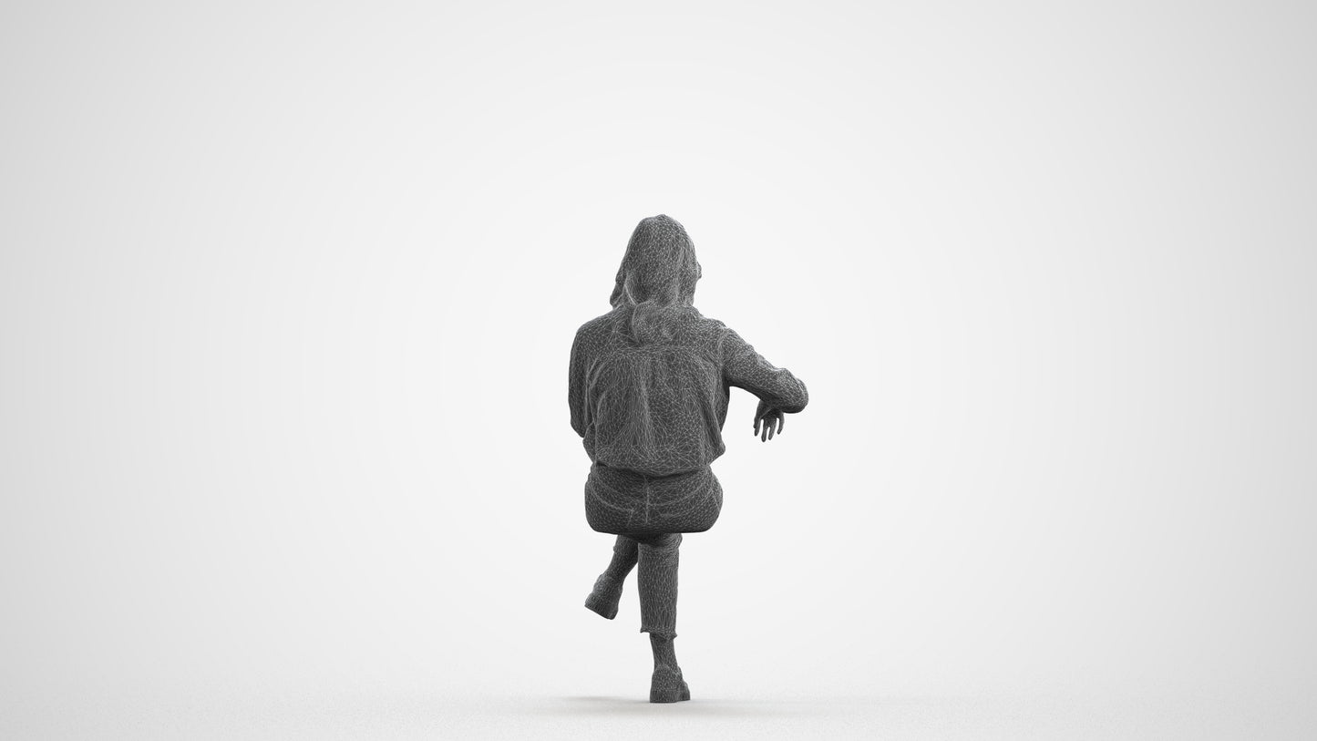 realistic 3D human woman casual sitting, archviz people FBX OBJ for Blender, wireframe front view