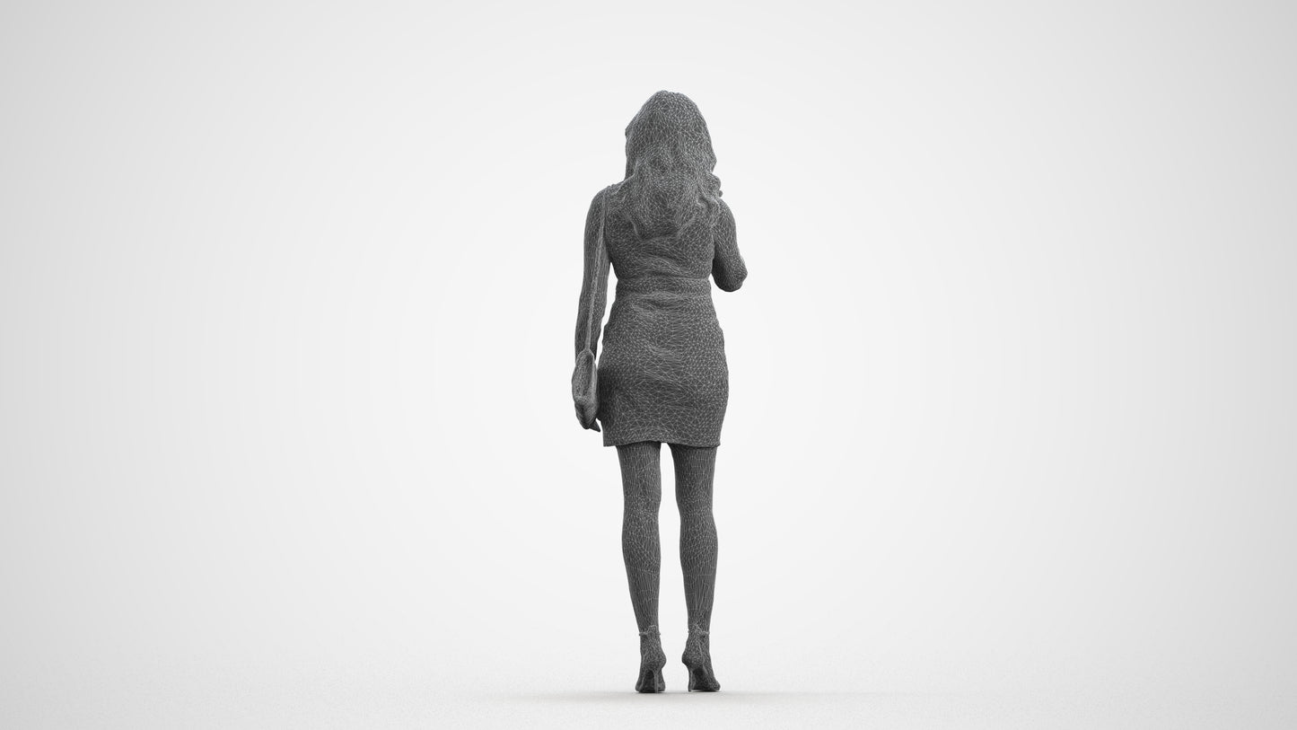 3D human model woman casual standing, photogrammetry scanned person for archviz, wireframe front view