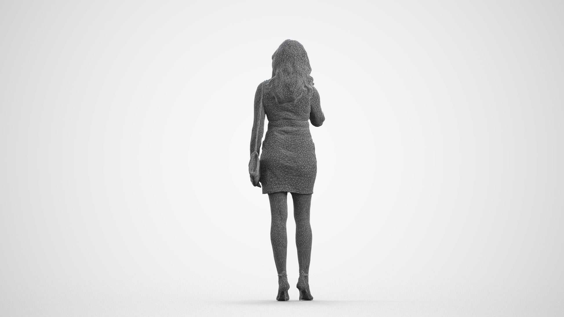 3D human model woman casual standing, photogrammetry scanned person for archviz, wireframe front view