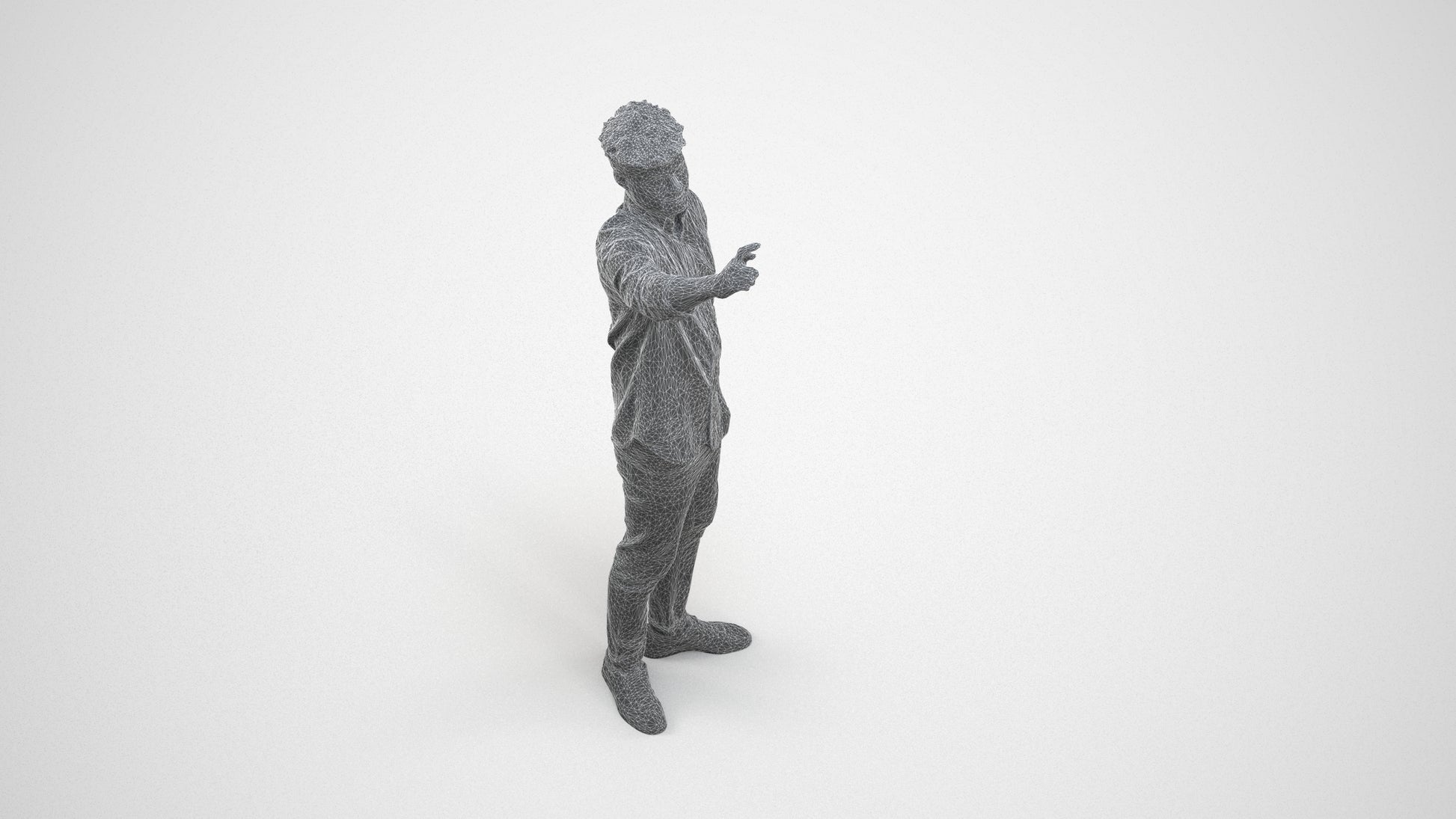 realistic 3D human man casual standing, archviz people FBX OBJ for Blender, wireframe three-quarter view