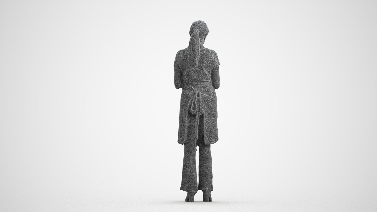 3D human model woman hospitality, photogrammetry scanned person for archviz, wireframe front view