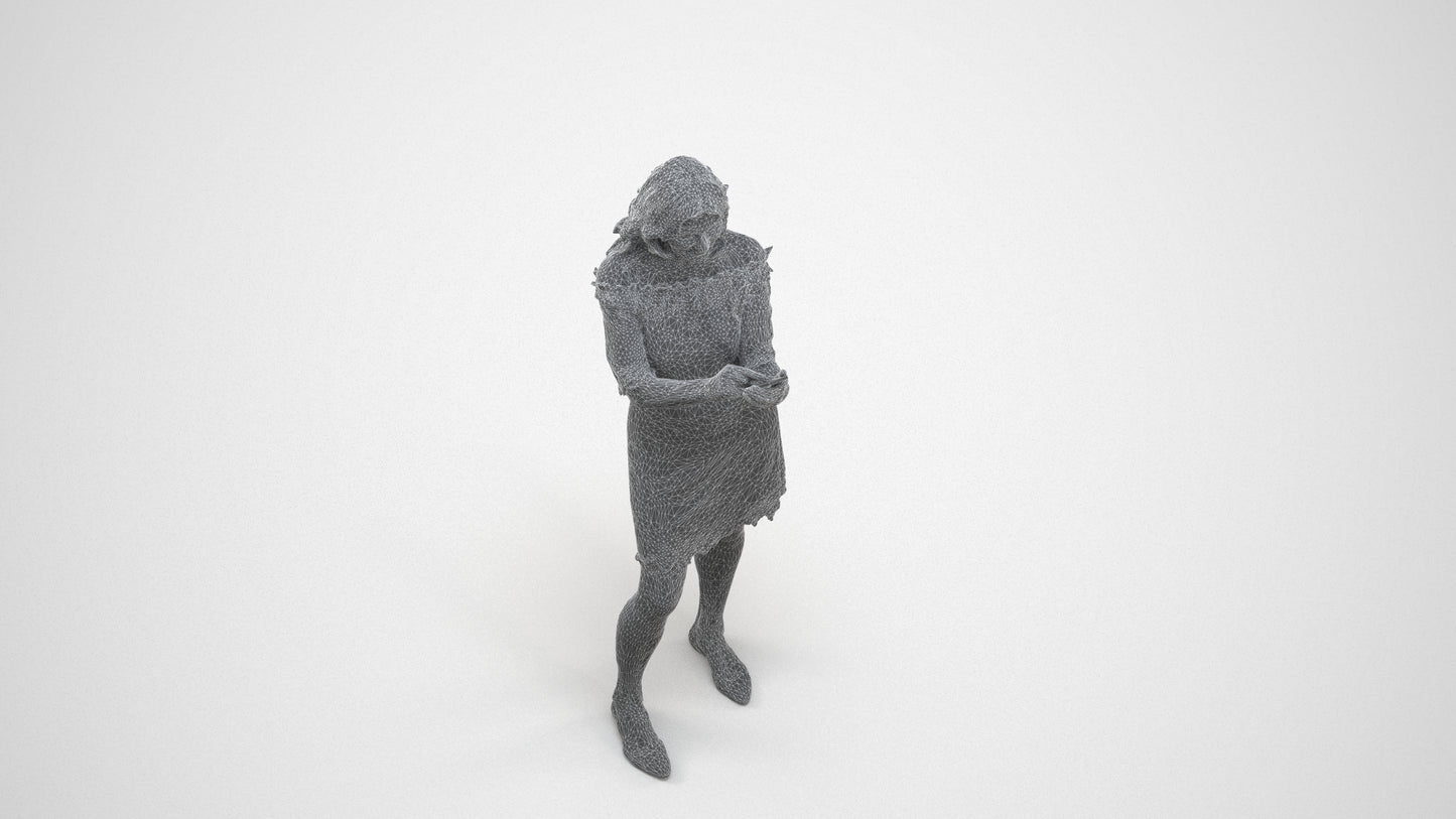 realistic 3D senior woman casual standing, scanned archviz people for Blender and 3ds Max, wireframe three-quarter view