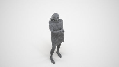 realistic 3D senior woman casual standing, scanned archviz people for Blender and 3ds Max, wireframe three-quarter view
