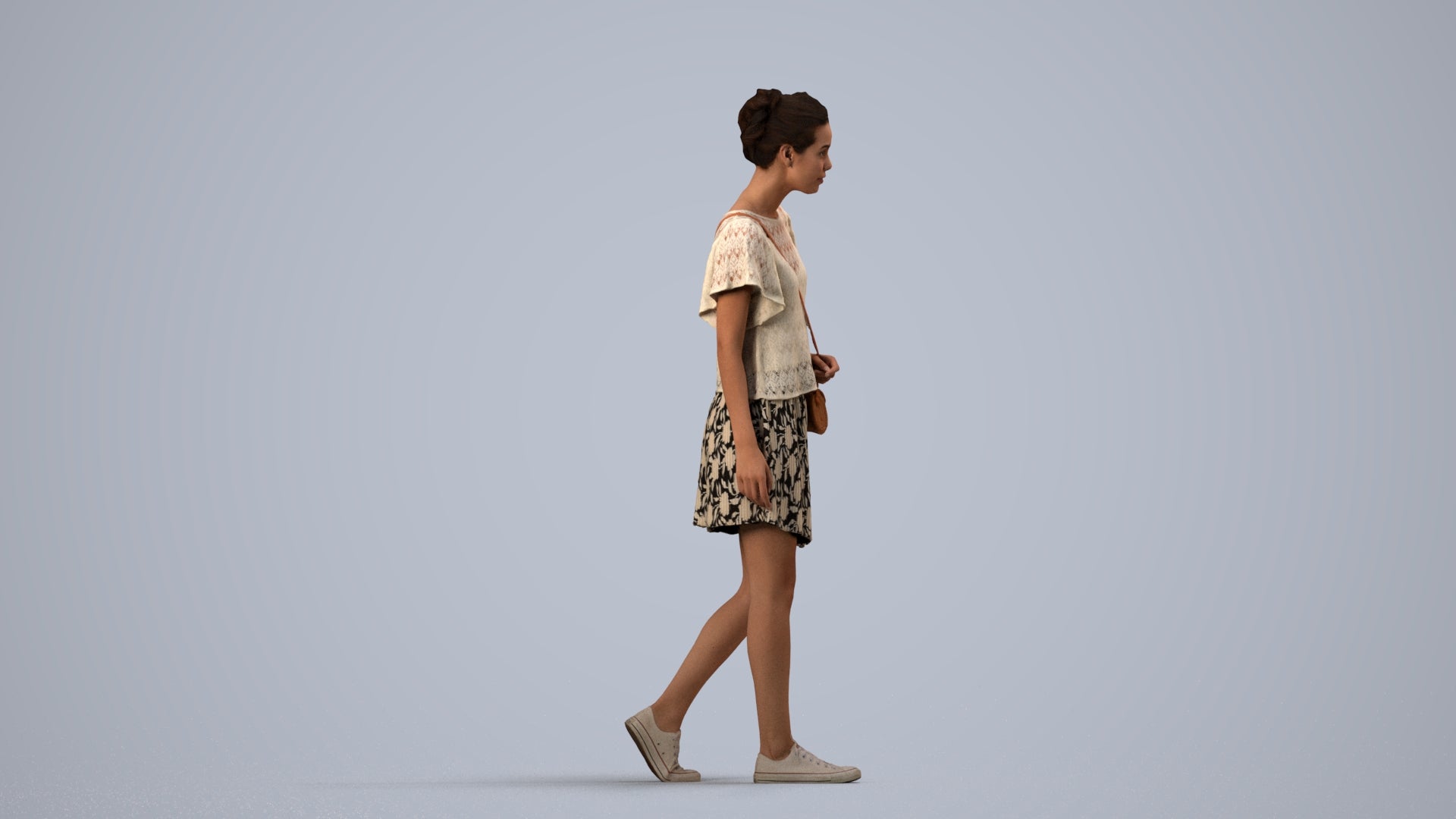 realistic 3D woman casual walking, scanned archviz people for Blender and 3ds Max, side view render