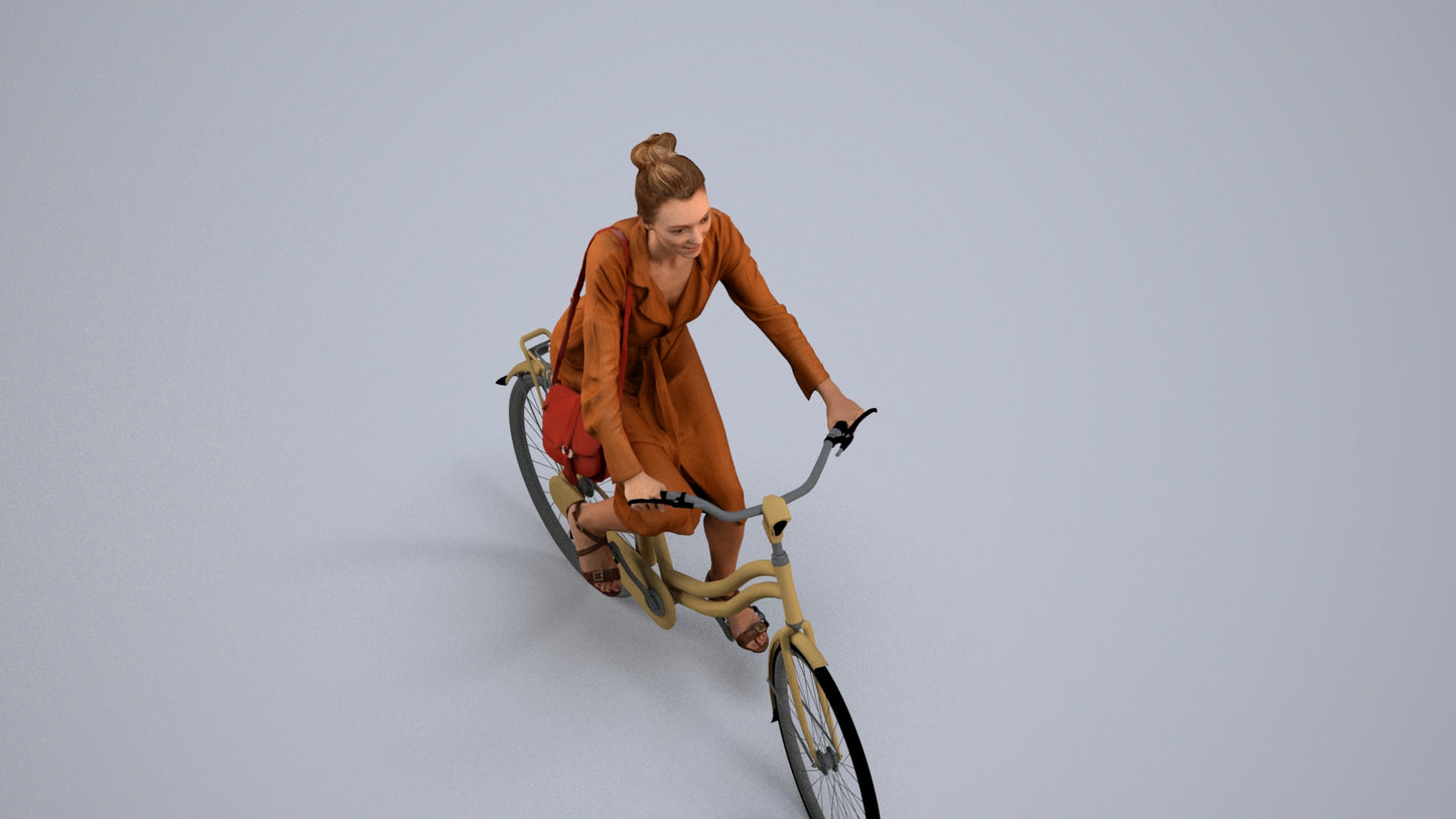 realistic 3D woman casual cycling, scanned archviz people for Blender and 3ds Max, back view render
