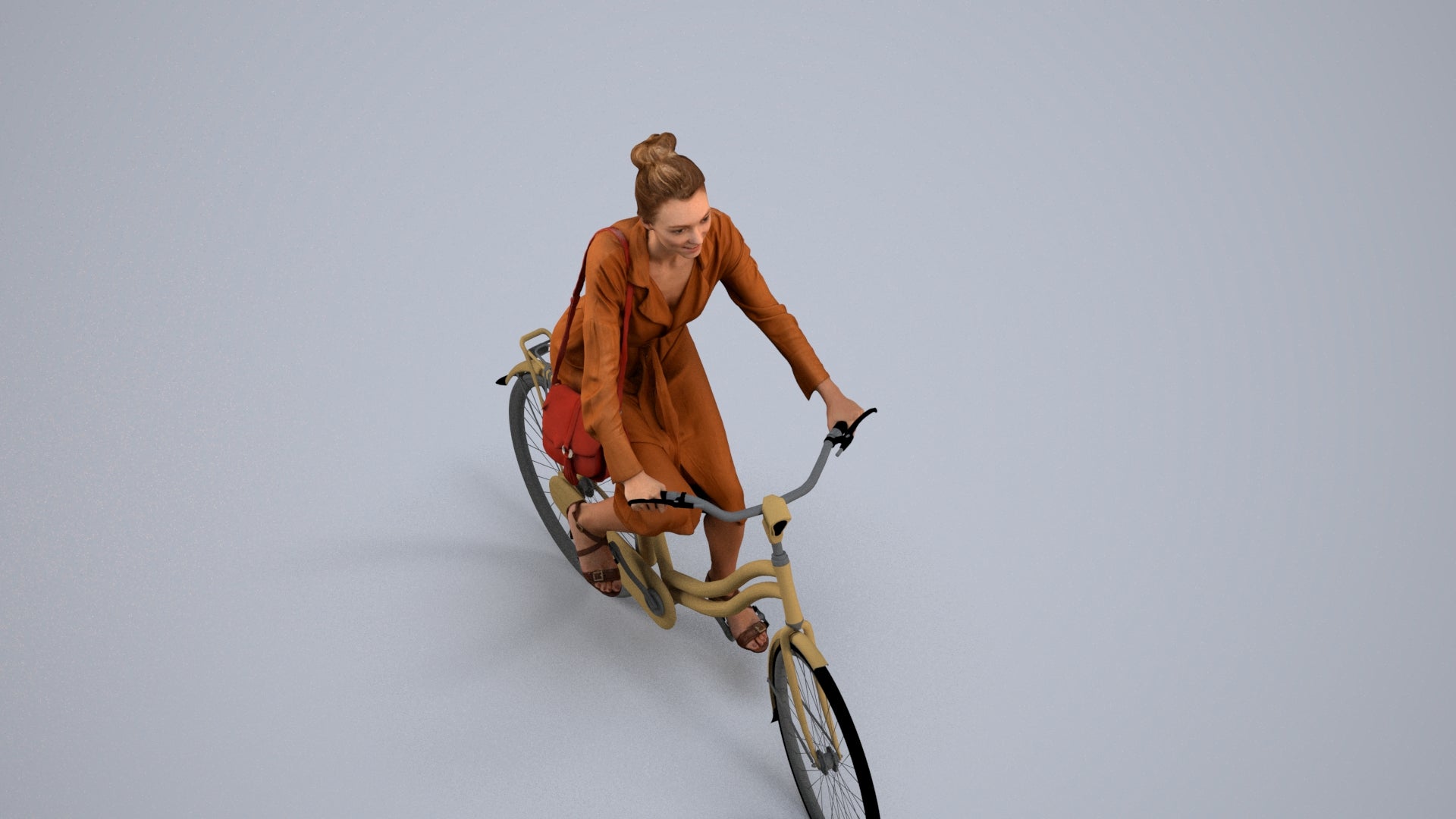 realistic 3D woman casual cycling, scanned archviz people for Blender and 3ds Max, back view render