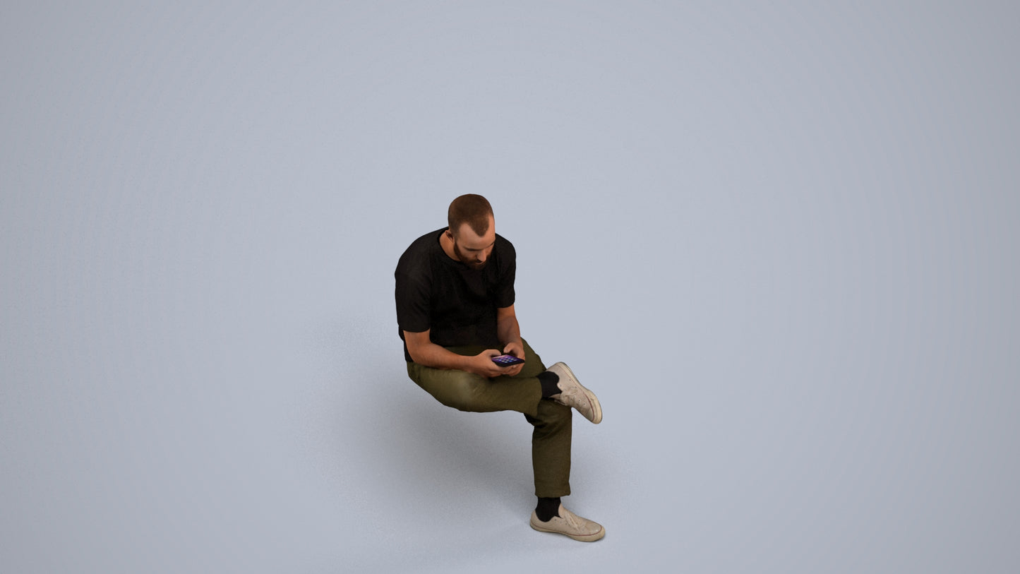 photogrammetry 3D man casual sitting, realistic human model archviz FBX, back view render